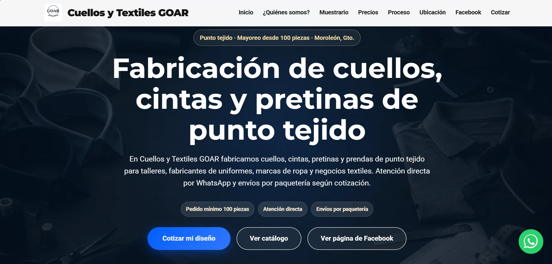 Screenshot real de Cuellos Textiles Goar